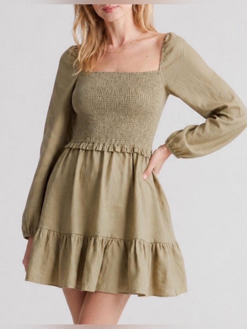 NWT Quince European Linen Smocked Mini Dress in Olive Size S fall cottagecore